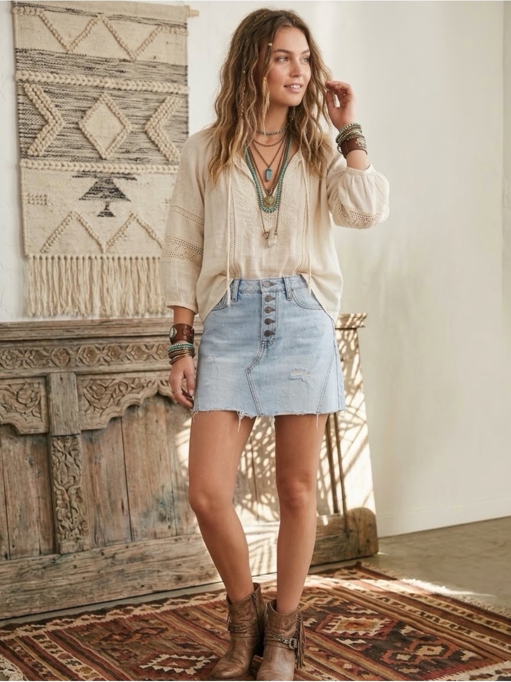NWOT Free People We The Free Montauk Denim Mini Skirt Button Fly Light Wash 29 8
